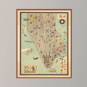 Ancienne carte de Manhattan, carte vintage de l'Amérique, carte affiche, carte picturale vintage, impression d'affiche, impression sur toile, décoration murale, décoration d'intérieur