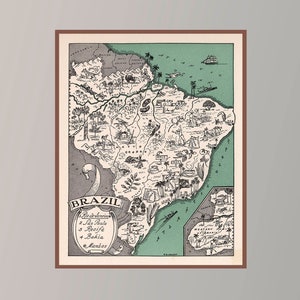 Mapa antiguo de Brasil, mapa pictórico vintage, cartel de mapa vintage, impresión de póster, impresión de lienzo, idea de regalo, decoración de pared, decoración del hogar