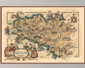 Old Map of Bretagne, Vintage Pictorial Map, Vintage Map Poster, Poster Print, Canvas Print, Gift Idea, Wall Decor, Home Decor