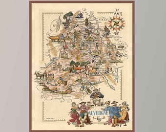 Old Map of Auvergne, Map of France,Vintage Map Poster, Vintage Pictorial Map, Vintage Map Art,Poster Paper,Canvas Print,Wall Decor