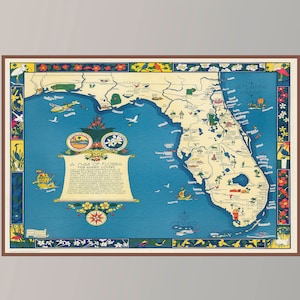 Ancienne carte de la Floride, carte des États-Unis, carte picturale vintage, art de la carte vintage, impression d'affiche, impression sur toile, idée cadeau, décoration murale, décoration d'intérieur