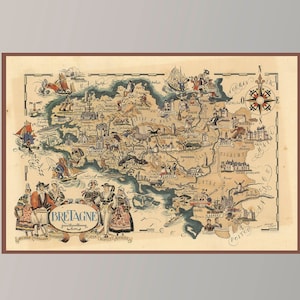 Ancienne carte de Bretagne, carte picturale vintage, affiche de carte vintage, impression d'affiche, impression sur toile, idée cadeau, décoration murale, décoration d'intérieur