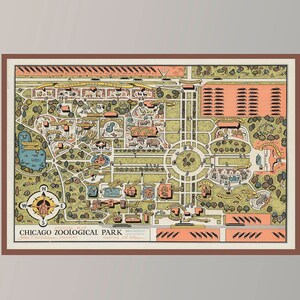 Ancienne carte du parc zoologique de Chicago, carte picturale vintage, affiche de carte vintage, art de carte vintage, impression d'affiche, impression sur toile, décoration murale