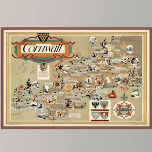 Ancienne carte de Cornouailles, affiche de carte vintage, carte picturale vintage, art de carte vintage, impression d'affiche, impression de toile, décor de mur, décor à la maison