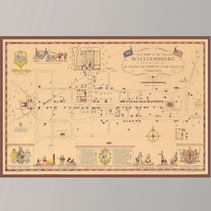 Carte ancienne de Williamsburg, carte ancienne de la Virginie, carte illustrée vintage, art de la carte vintage, papier pour affiche, impression sur toile / décoration murale idée cadeau