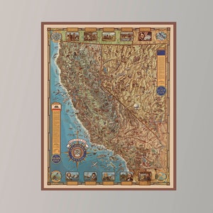 Ancienne carte de la Californie et du Nevada, affiche de carte vintage, carte picturale vintage, art de carte vintage, impression d'affiche, impression sur toile, décoration murale