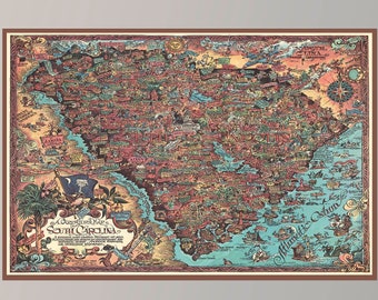 A Caricature Map South Carolina, Vintage Pictorial Map, Vintage Map Art, Poster Print, Canvas Print, Gift Idea, Wall Decor, Home Decor