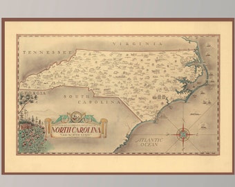 Old Map of North Carolina, Map of Old North State, Vintage Pictorial Map, Vintage Map Art ,Poster Paper,Canvas Print / Gift Idea Wall Decor