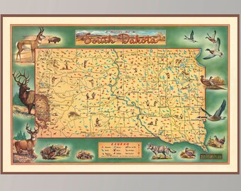 Vintage South Dakota Map Print, Pictorial Wall Decor