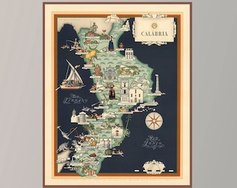 Vintage Pictorial Map of Calabria, Italy, Poster Print