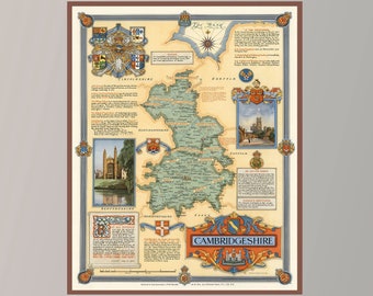 Vintage Cambridgeshire Map Poster, Pictorial Wall Art