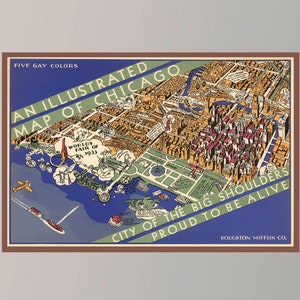 Ancienne carte de Chicago, carte picturale vintage, affiche de carte vintage, art de carte vintage, impression d'affiche, impression sur toile, idée cadeau, décoration murale, décoration d'intérieur