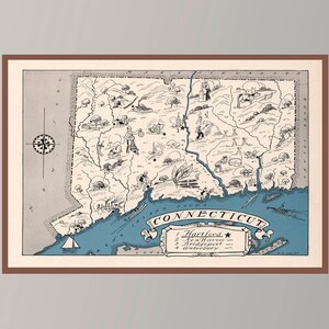Ancienne carte du Connecticut, carte picturale vintage, affiche de carte vintage, art de carte vintage, impression d'affiche, impression sur toile, idée cadeau, décoration murale, décoration d'intérieur