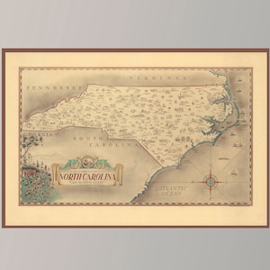 Ancienne carte de la Caroline du Nord, carte de l'ancien État du Nord, carte illustrée vintage, art de la carte vintage, papier pour affiche, impression sur toile / décoration murale idée cadeau