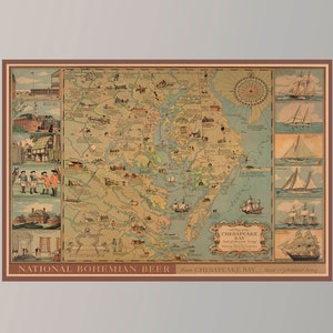 Ancienne carte de la baie de Chesapeake, affiche de Baltimore, carte picturale vintage, art de la carte vintage, impression d'affiche, impression sur toile, décoration murale, décoration d'intérieur