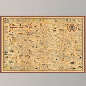 Ancienne carte du comté de Berks, affiche de carte vintage, carte picturale vintage, art de carte vintage, impression d'affiche, impression sur toile, décoration murale, décoration d'intérieur