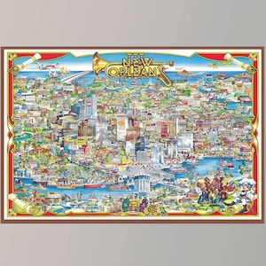 Ancienne carte de la Nouvelle-Orléans, carte picturale vintage, impression d'affiche, papier d'affiche, impression sur toile, décoration murale, décoration d'intérieur