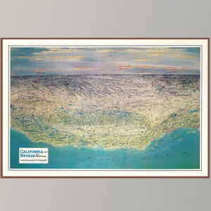 Ancienne carte de la Californie et du Nevada, affiches de carte picturale vintage, art de carte vintage, papier d'affiche, impression de toile, décor de mur, décor à la maison