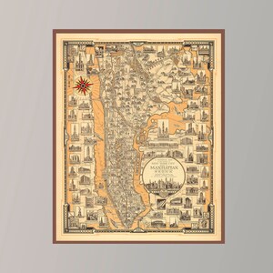 Ancienne carte de Manhattan, carte vintage de l'Amérique, carte affiche, carte picturale vintage, impression d'affiche, impression sur toile, décoration murale, décoration d'intérieur