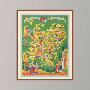 Ancienne carte de Bourgogne, affiche de carte vintage, carte picturale vintage, art de carte vintage, impression d'affiche, impression sur toile, décoration murale, décoration d'intérieur