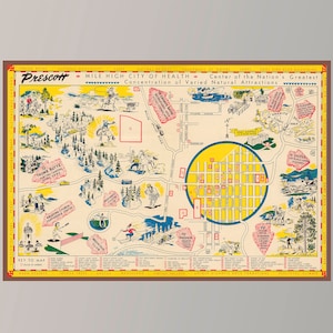 Ancienne carte de Prescott, affiche vintage de la carte de l'Arizona, carte illustrée vintage, art de la carte vintage, papier pour affiche, impression sur toile / décoration murale idée cadeau