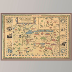 May include: A vintage map of Wheaton College, a college in Norton, Massachusetts. The map shows the buildings and grounds of the college, including the lake and surrounding area. The map is in a brown frame.