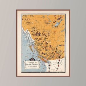 Ancienne carte de la Colombie-Britannique, carte picturale vintage, affiche de carte vintage, impression d'affiche, impression sur toile, idée cadeau, décoration murale, décoration d'intérieur