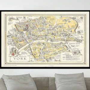 Ancienne carte d'York, carte de l'Angleterre, affiche de carte vintage, affiche de carte illustrée vintage, impression d'affiche, impression sur toile, décoration murale, décoration d'intérieur