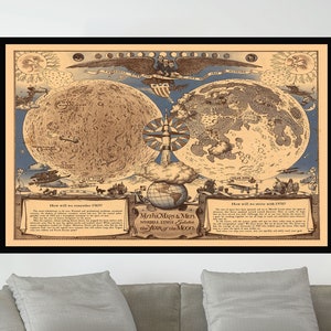 Ancienne carte de la lune, affiche de carte vintage, affiche de carte picturale vintage, impression d'affiche, art de la carte, impression sur toile, décoration murale, décoration d'intérieur