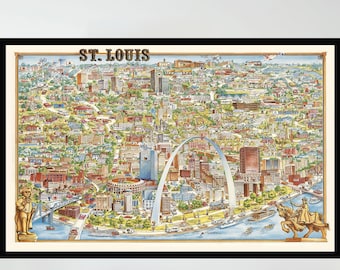 Puede incluir: Un mapa ilustrado de estilo vintage de St. Louis, Misuri, que muestra los monumentos y las calles de la ciudad. El mapa está enmarcado en negro y se muestra en una pared sobre un sofá gris.