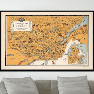 Ancienne carte du Québec, carte picturale vintage, affiche de carte vintage, art de carte vintage, impression d'affiche, impression sur toile, décoration murale, décoration d'intérieur