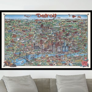 Ancienne carte de Detroit, affiche de carte picturale, affiche de carte vintage, art de carte vintage, impression d'affiche, impression sur toile, décoration murale, décoration d'intérieur