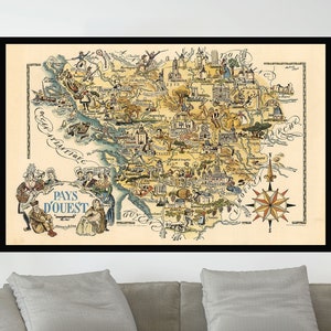 Old Map of Pays D&#39;Ouest,France, Vintage Pictorial Map Posters,Vintage Map Poster,Map Art,Poster Paper,Canvas Print,Wall Decor