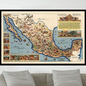 Ancienne carte du Mexique, affiches de carte picturale vintage, art de carte vintage, impression d'affiche, papier d'affiche, impression de toile, décor de mur, décor à la maison