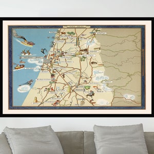 Ancienne carte de Tel Aviv, Israël, affiche de carte vintage, affiche de carte picturale vintage, art de la carte, impression d'affiche, impression sur toile, décoration murale, décoration d'intérieur