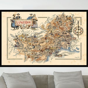 Ancienne carte du Languedoc, France, affiches de carte picturales vintage, affiche de carte vintage, art de carte vintage, papier affiche, impression sur toile, décoration murale