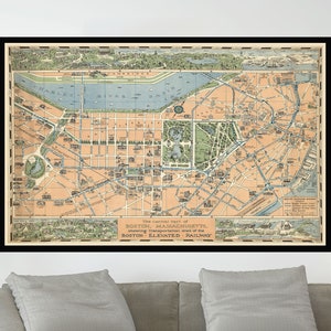 Ancienne carte de Boston, Massachusetts, carte picturale vintage, affiche de carte, art de carte vintage, impression d'affiche, impression de toile, décoration murale, décoration d'intérieur