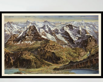 Vintage Switzerland Map Poster, Pictorial Swiss Alps Art Print