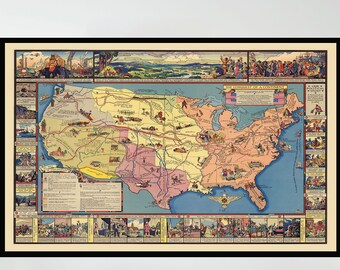 Old Map of America, 28x35 inç, Vintage Map Poster, Vintage Pictorial Map Poster,Poster Print,Canvas Print,Wall Decor,Home Decor