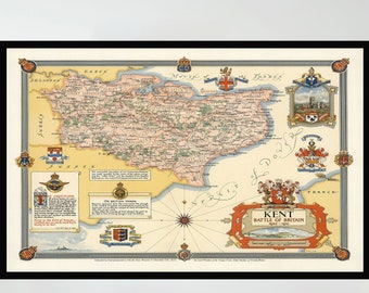 Vintage Kent Battle of Britain Map Poster, Pictorial Wall Art