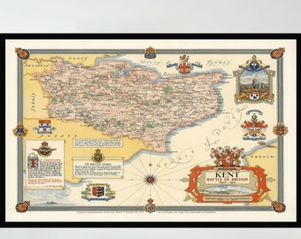 Old Map of Kent,Battle of Britain, 28x35 inç, Vintage Map Poster,Vintage Pictorial Map Poster,Poster Print,Canvas Print,Wall Decor