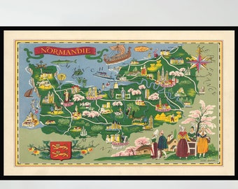 Vintage Normandy Map Print, Pictorial Wall Decor