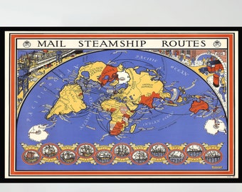 Old Map of Mail Steamship Routes, Vintage Map Poster, Vintage Pictorial Map, Vintage Map Art,Poster Print,Canvas Print,Wall Decor