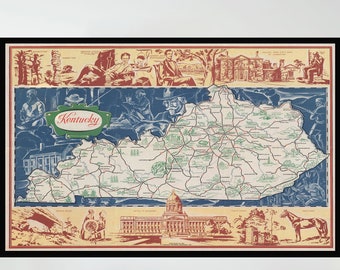 Vintage Kentucky Pictorial Map, Museum Quality Print