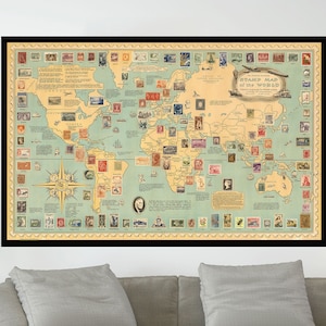 Carte de timbre du monde, affiches de carte picturale vintage, art de carte vintage, papier d'affiche, impression de toile, décor de mur, décor à la maison