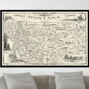 Ancienne carte du Montana, affiche de carte illustrée, affiche de carte vintage, art de carte vintage, impression d'affiche, impression sur toile, décoration murale, décoration d'intérieur