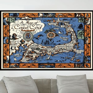 Ancienne carte de Cape Cod, affiche de carte vintage, carte illustrée vintage, art de la carte vintage, impression d'affiche, impression sur toile, décoration murale, décoration d'intérieur