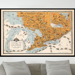 Ancienne carte de l'Ontario, carte d'animation, affiches de cartes picturales vintage, art de carte vintage, papier d'affiche, impression sur toile, idée cadeau, décoration murale, décoration d'intérieur