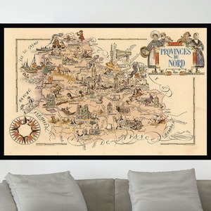 Old Map of Provinces Du Nord,France, Vintage Pictorial Map Posters,Vintage Map Poster,Map Art,Poster Paper,Canvas Print,Wall Decor