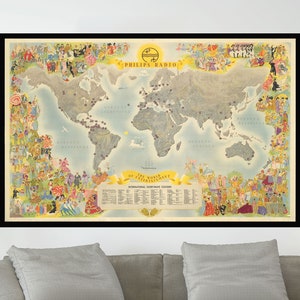 Ancienne carte de la radio Philips, carte du monde, 28 x 42 inç, affiche de carte picturale vintage, papier affiche, impression sur toile, décoration murale, décoration d'intérieur